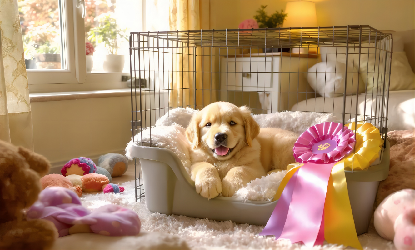 A warm, inviting living room in a UK home with a happy Golden Retriever puppy resting calmly in a cozy crate, surrounded by soft bedding and toys. Natural daylight filters through a nearby window, highlighting the puppy's golden fur. The scene conveys comfort, safety, and gentle independence training, with a calm, serene atmosphere.
