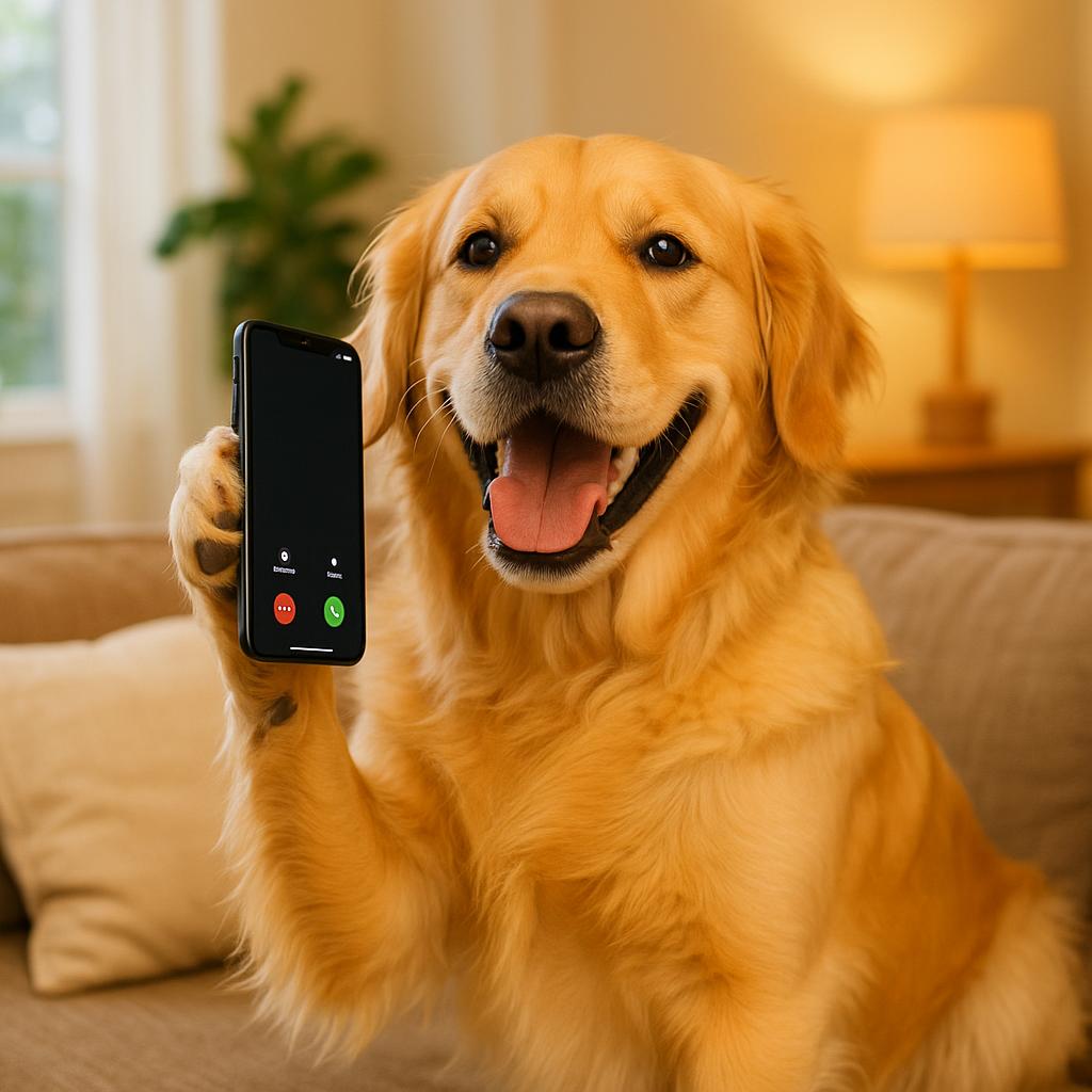 Golden Retriever Holding a Mobile Phone